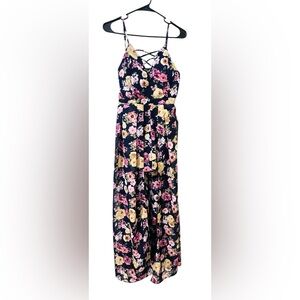 Derek Heart Navy Pink and Yellow Sleeveless Split Maxi Romper Dress